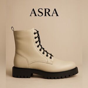 ASRA Billie Lace-Up Combat Boots Bone Leather Chunky Lug Sole Stitch Detail Almo